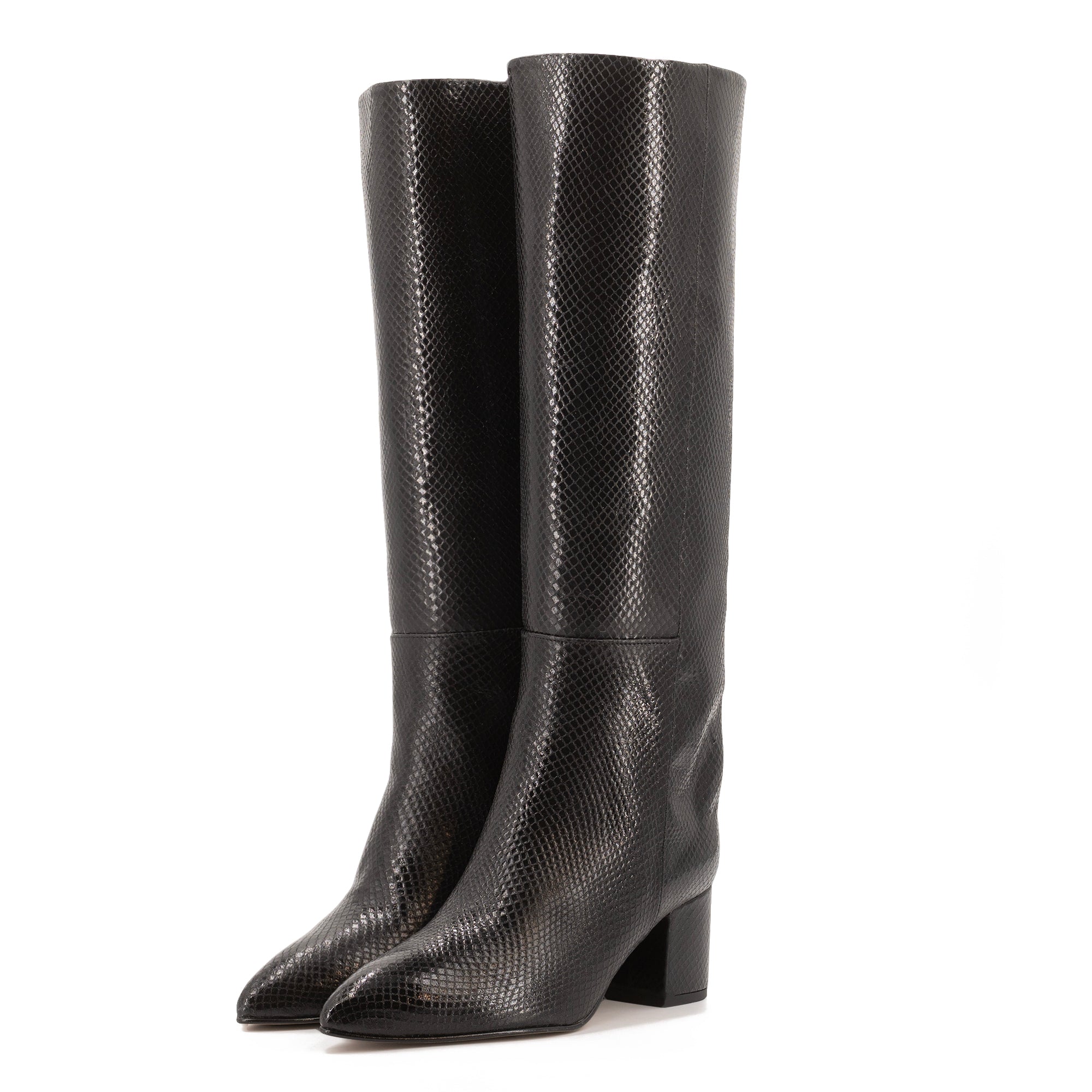 BLACK LEATHER TALL BOOTS WITH ANIMAL PRINT