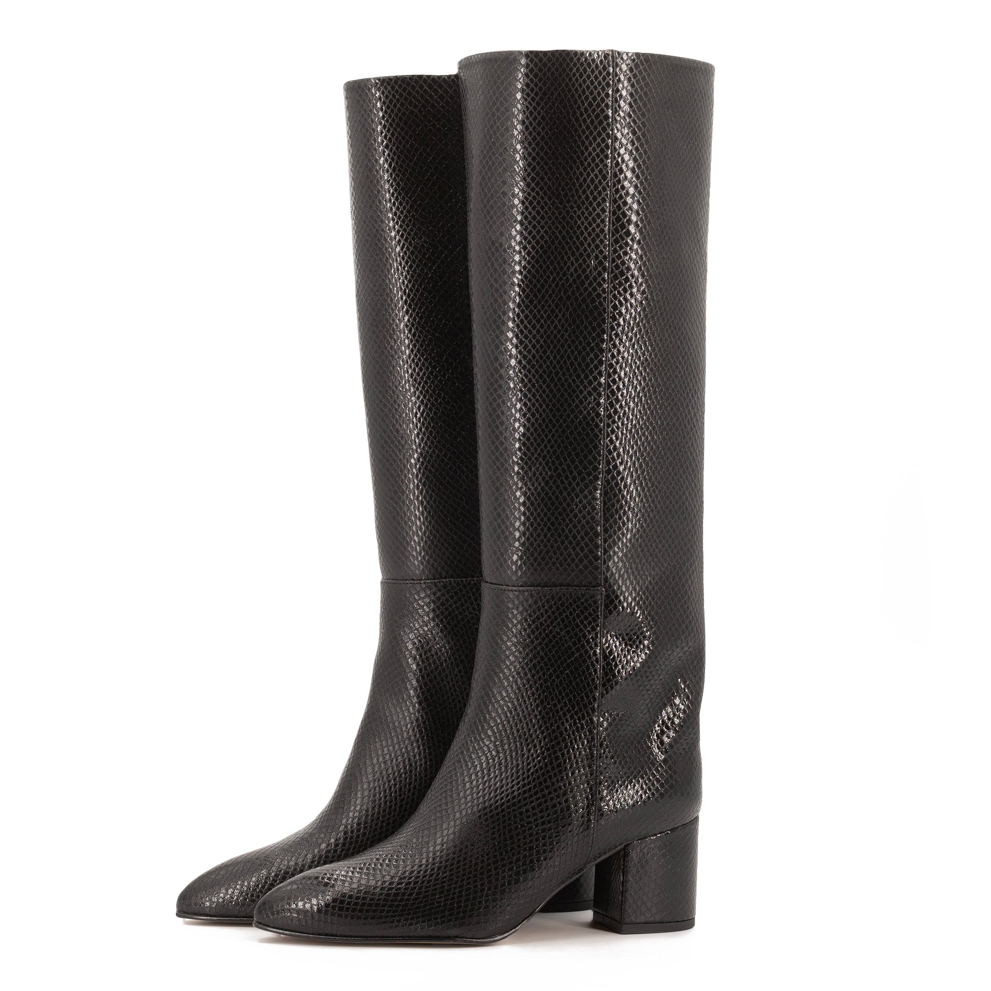 BLACK LEATHER TALL BOOTS WITH ANIMAL PRINT