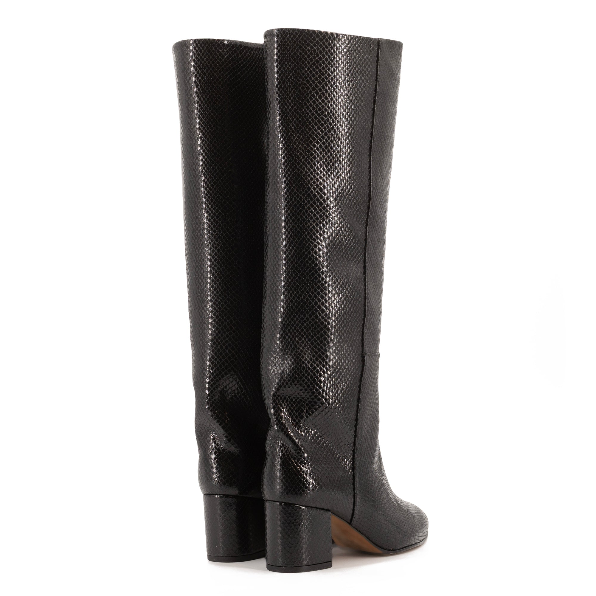 BLACK LEATHER TALL BOOTS WITH ANIMAL PRINT