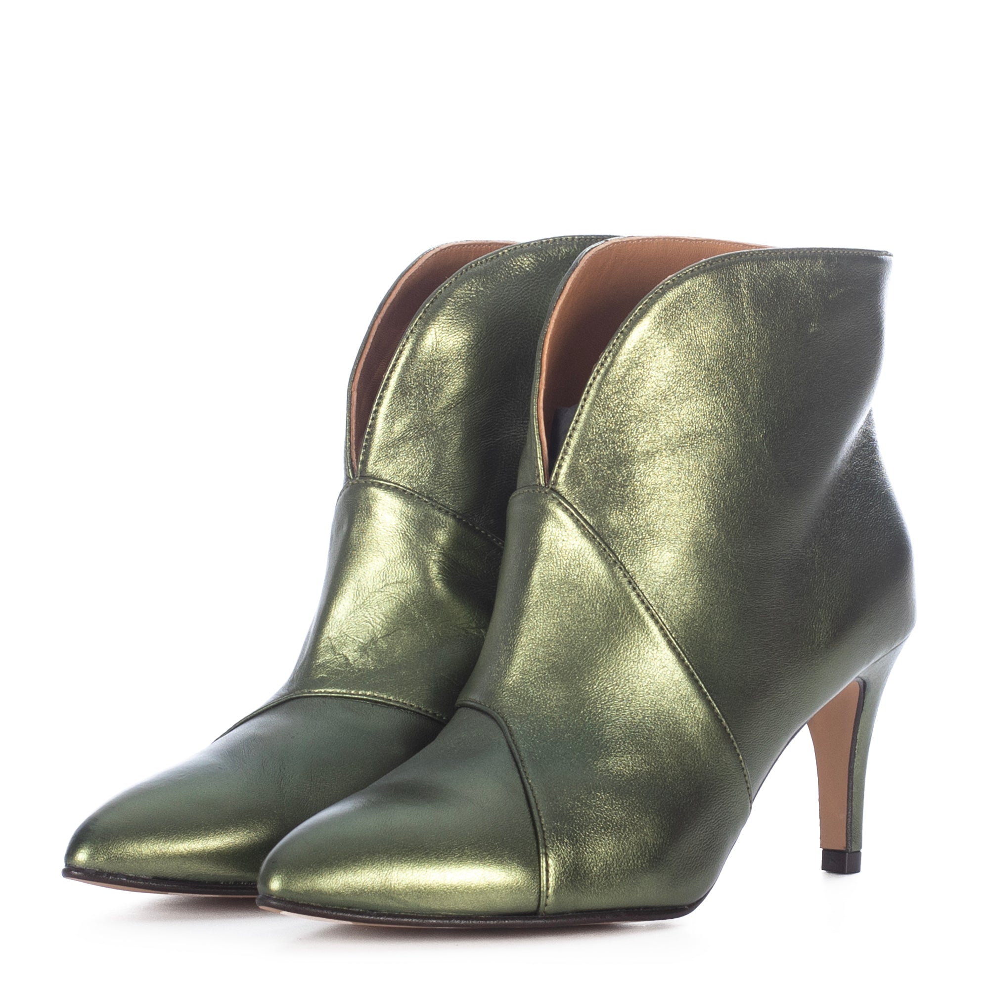 GREEN METALLIC LEATHER ANKLE BOOTS