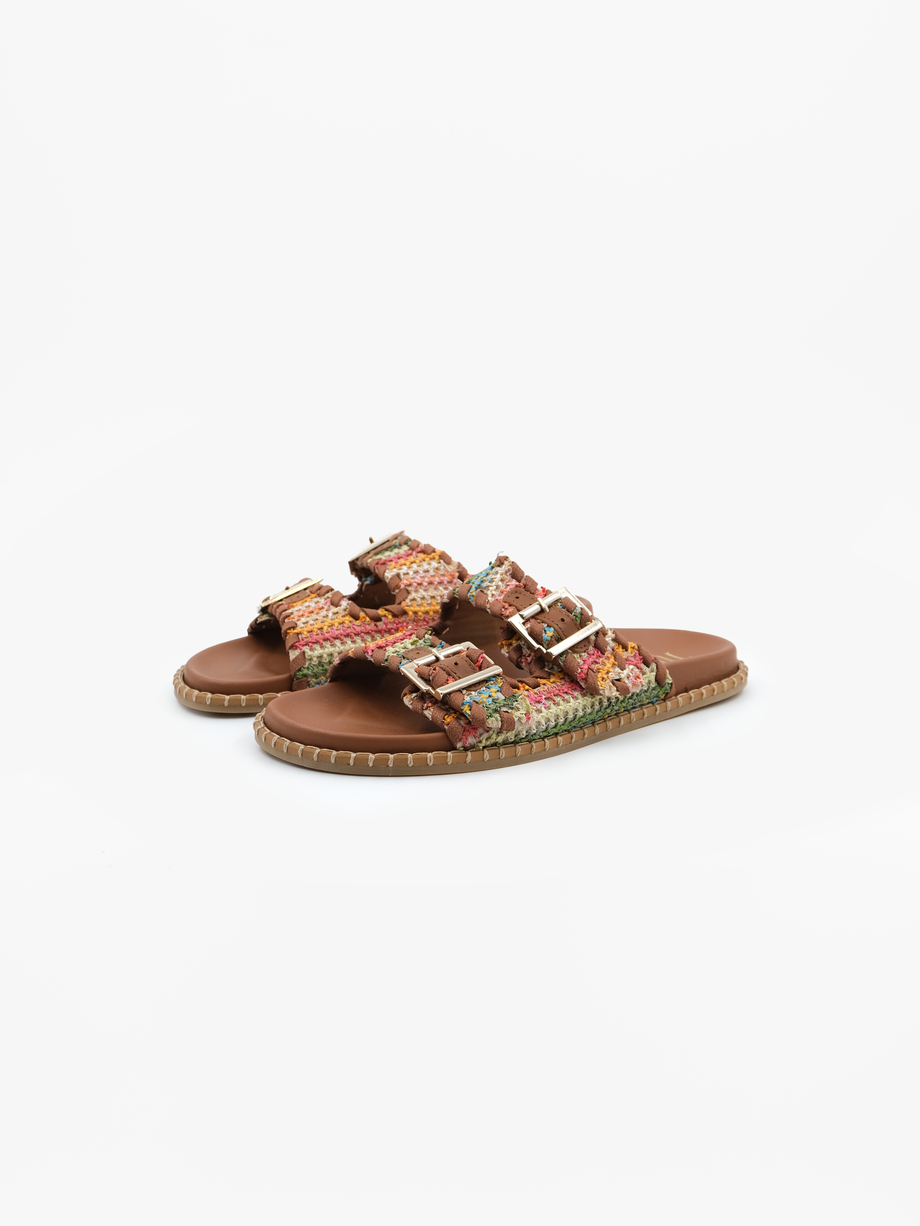 Vibram Brown Paisley Leather Slide Sandals with Multicolor Woven Accent Women main image 2
