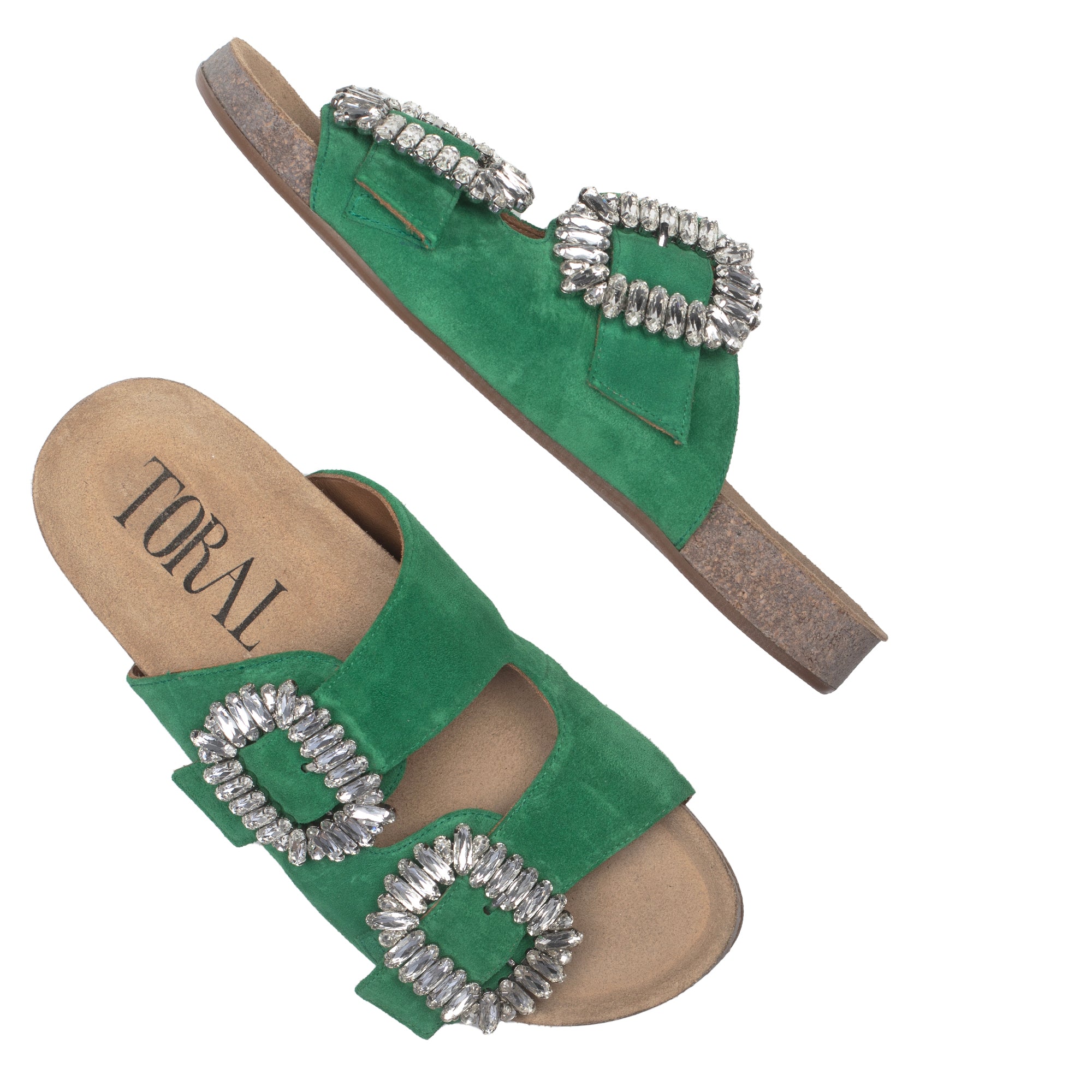 GREEN SUEDE SANDALS WITH CRYSTALS